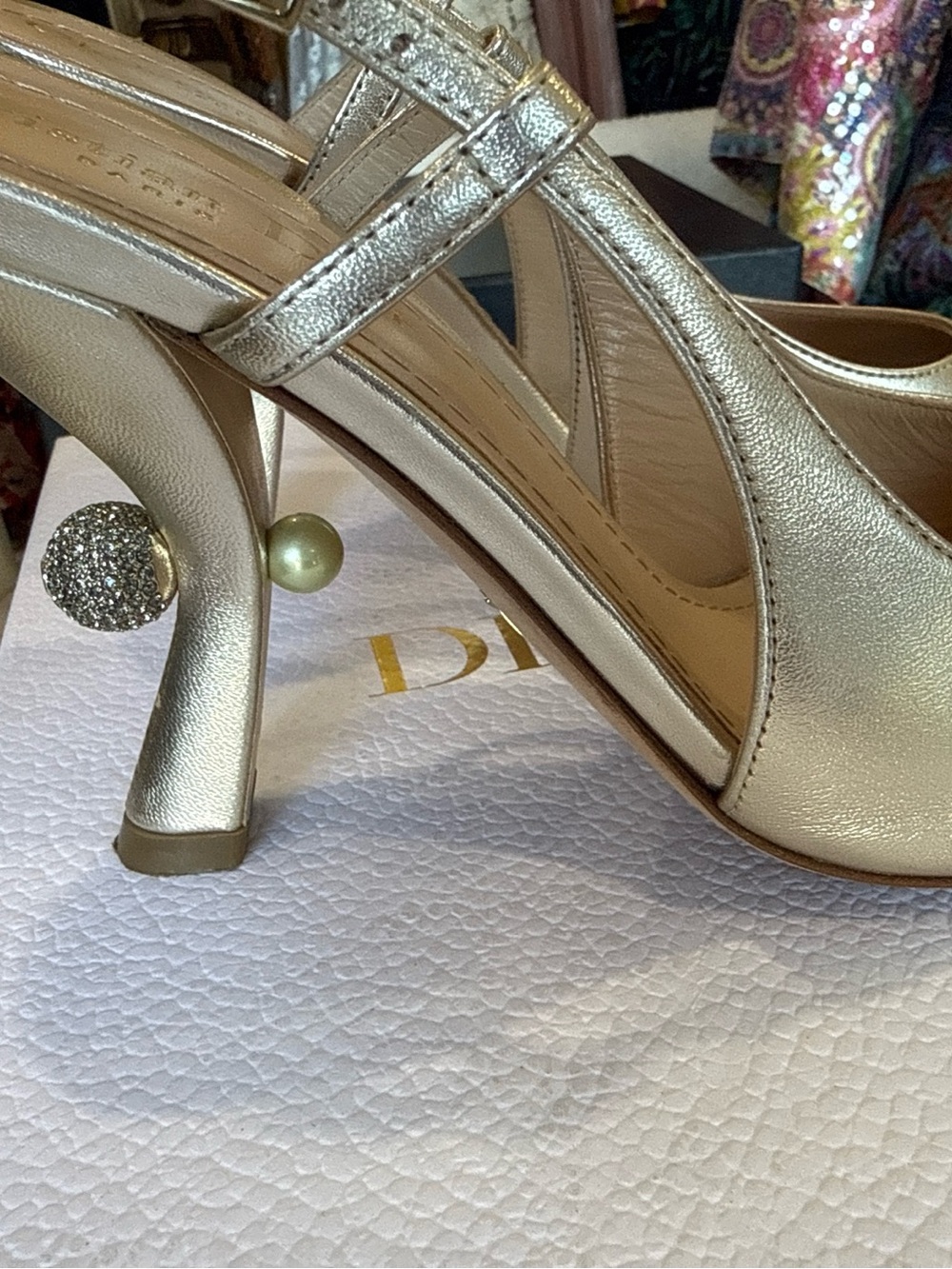 Dior Metallic Gold Pointed Slingback Heels with Crystal Heel Accent - Picture 7 of 12
